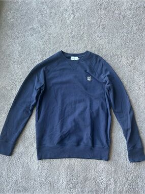 MAISON KITSUNE Navy Crewneck Sweatshirt with Fox Patch